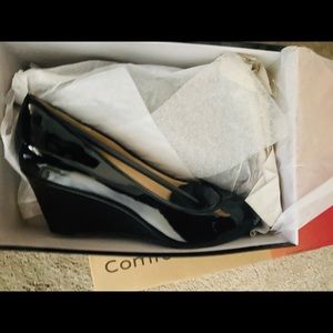 Black Patent Open toe Wedges